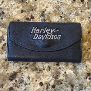 Harley-Davidson Black Leather Tri-Fold Wallet with Silver Embroidered Logo
